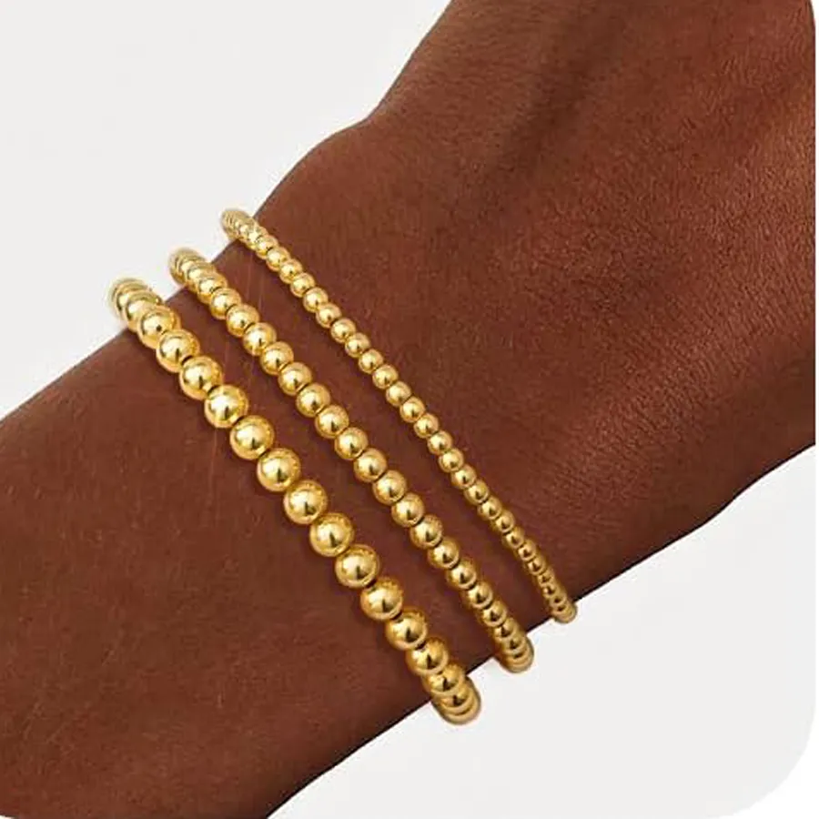 Authentic 18K Gold Plated Waterproof Bracelet Stack Beaded Bracelets for Women Strand Bead Ball Bracelet Sets Stackable Jewelry Gifts