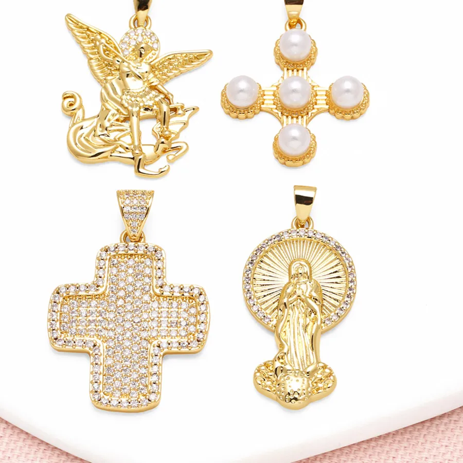Authentic OCESRIO White Crystal Big Cross Pendant for Necklace Copper Gold Plated Jesus Beads Crucifix Jewelry Making Supplies pdta698