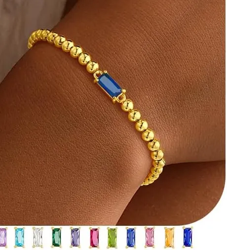 Authentic Dainty Birthstone Bracelet - Elastic 18K Gold Plated Stainless Steel Bead Bracelets Friendship Birthday Jewelry Gifts for Women