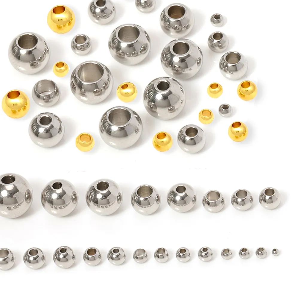 Authentic 100pcs/lot Gold Plated Stainless Steel Beads 2-12mm Big Hole European Ball Spacer Loose Beads for Jewelry Making Diy Findings