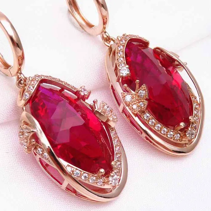 Authentic Luxury 585 purple gold inlaid ruby earrings for women butterfly crystal palace style romantic charm wedding dinner high jewelry