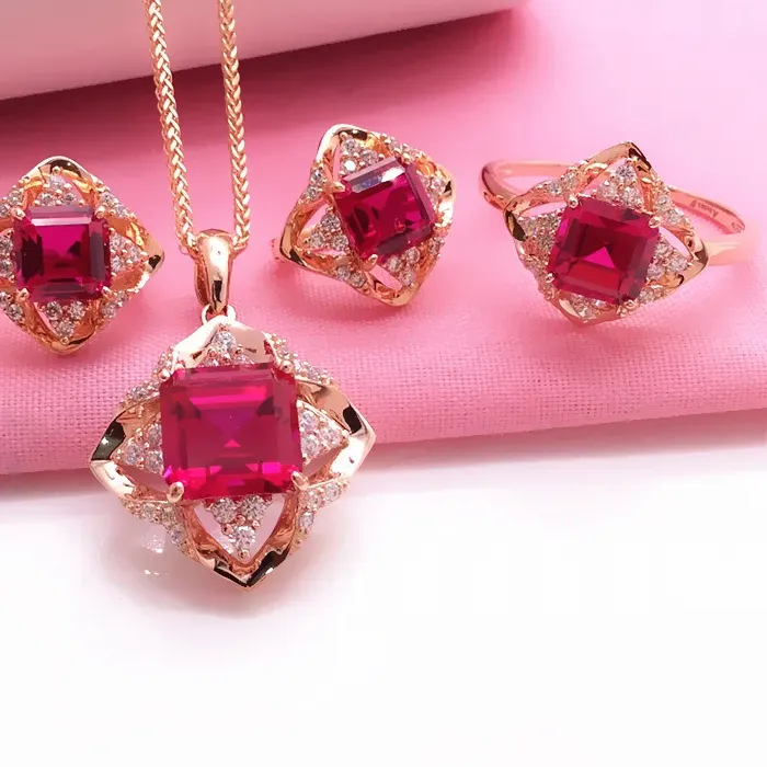 Authentic Creative luxury inlaid rhombus ruby jewelry sets for women charms copper plated rose gold fashion wedding necklace earrings ring