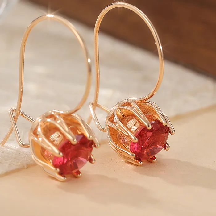 Authentic Simple Gold Color Inlaid Red Cubic Zirconia Ruby Dangle Earrings Women's Charm Party Banquet Earrings Fashion Jewelry