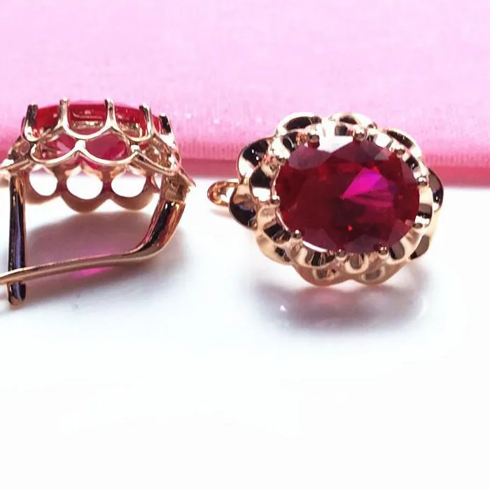 Authentic 585 purple gold inlaid 14K rose gold ruby flowers earrings for women fashion luxury exquisite charm wedding jewelry