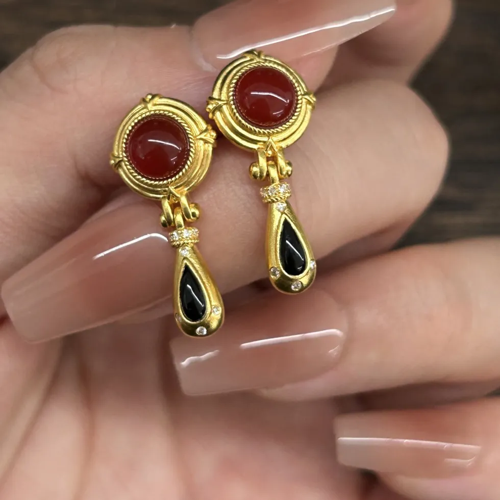 Authentic Vintage Charms Black Ruby earrings for women Fashion Light Luxury Antique Gold Crafts Water Drop Earring Banquet Jewelry Gifts