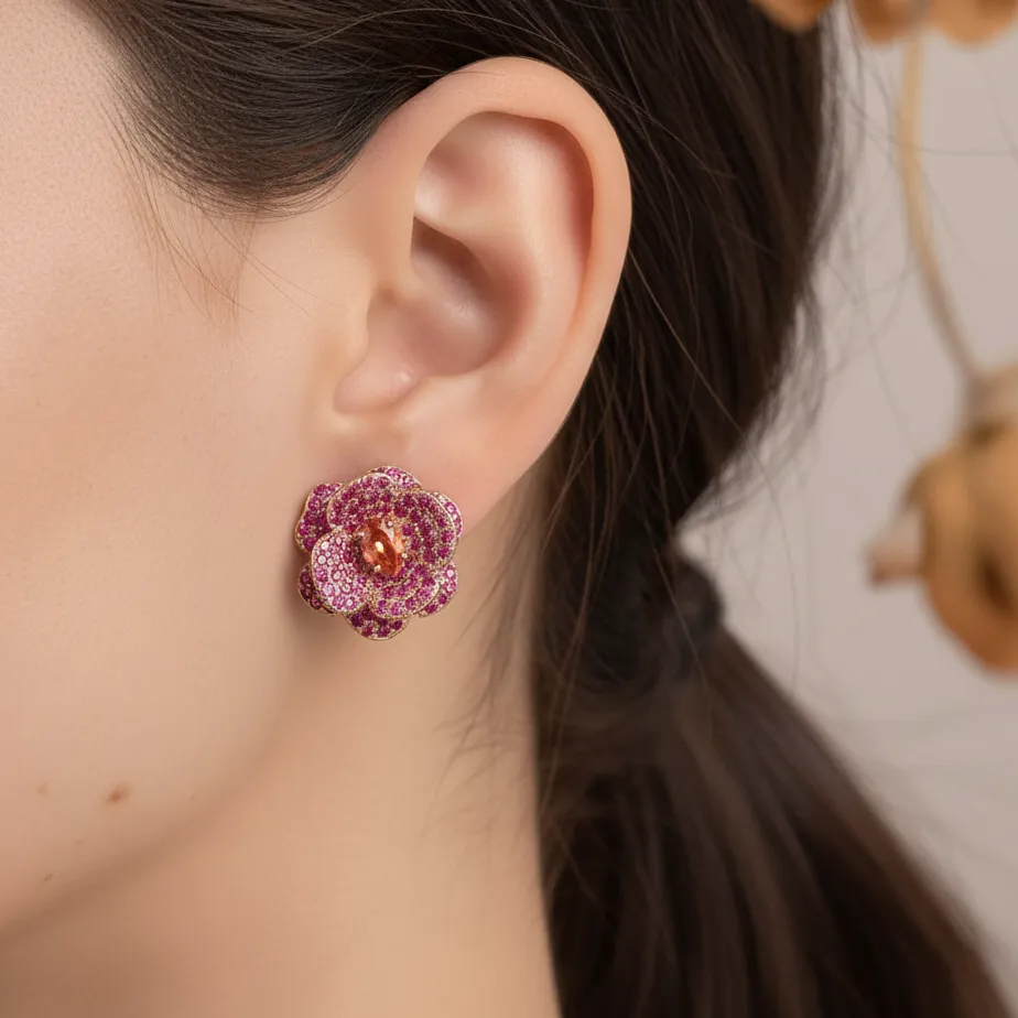 Authentic Elegant Rose Gold Color Flower Stud Earrings with Ruby Zircon for Women - Sparkling Floral Design Jewelry Daily Ear Charm