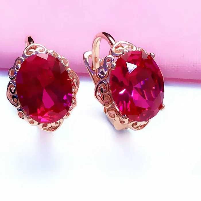 Authentic 585 purple gold plated 14K rose gold inlaid oval ruby flower earrings for women elegant charm sweet wedding jewelry for couples
