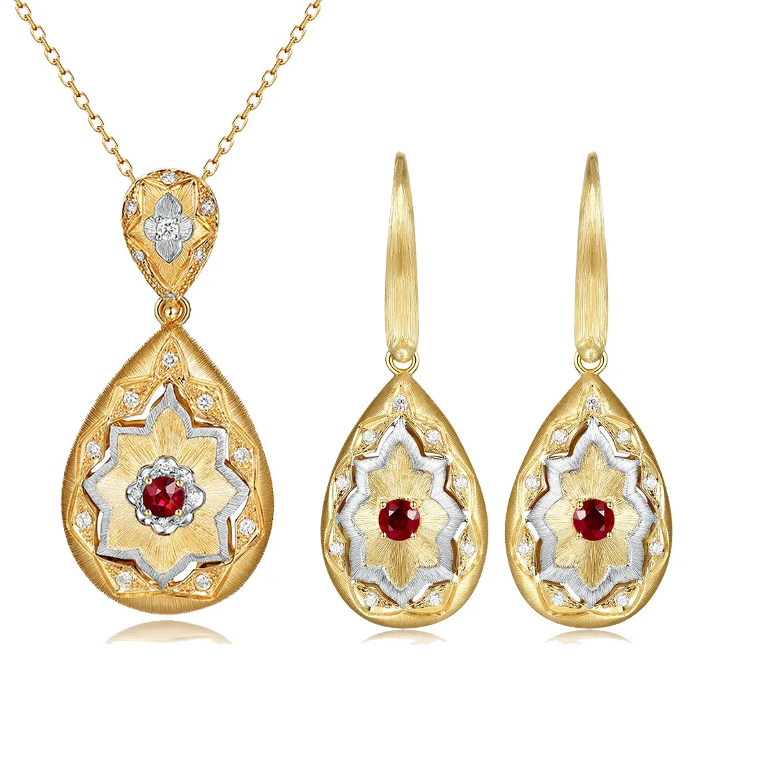 Authentic Foydjew Retro Italian Jewelry Gold-plated Artificial Ruby Pendant Necklaces Long Earrings Banquet Party Jewelry Sets For Women