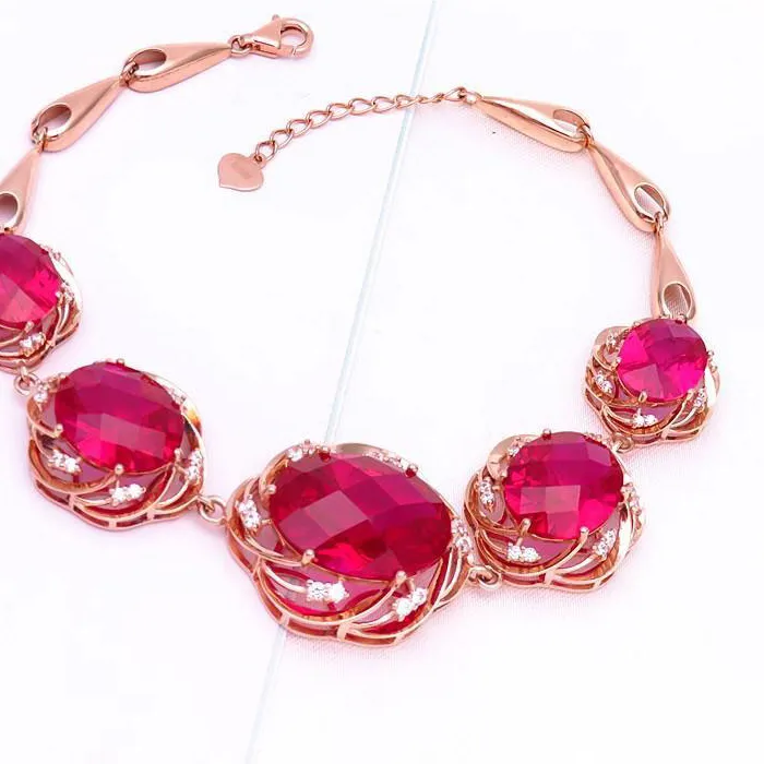 Authentic 585 Purple Gold Plated 14K Rose Gold Inlaid Crystal Ruby Flower Bracelet For Women New Luxury Exquisite Wedding Jewelry Gift