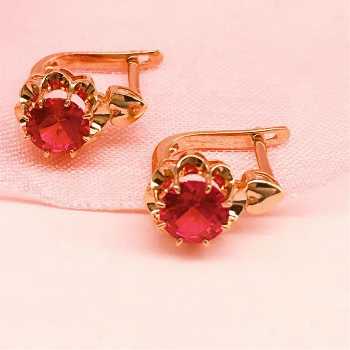 Authentic 585 purple gold plated 14K rose gold inlaid flower ruby earrings for women luxury charm elegant ear buckle wedding jewelry gift