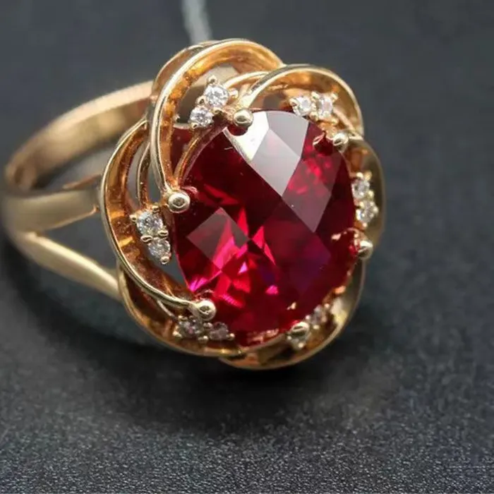 Authentic 585 Purple Gold 14K Rose Gold Inlaid Flower Ruby Rings For Women Adjustable Elegant Crystal Charm Wedding Engagement Jewelry