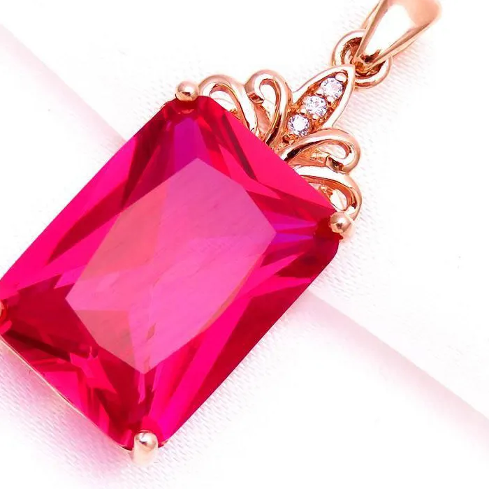 Authentic 585 purple gold plated 14K rose gold classic square ruby pendant charm necklace new luxury palace style wedding jewelry