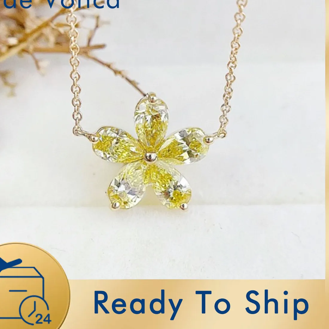 Authentic 18K Yellow Gold Yellow Diamond Necklace Charm Flower Pendant Pear Shaped Lab Grown Diamond Necklace Birthday Gift For Girlfriend
