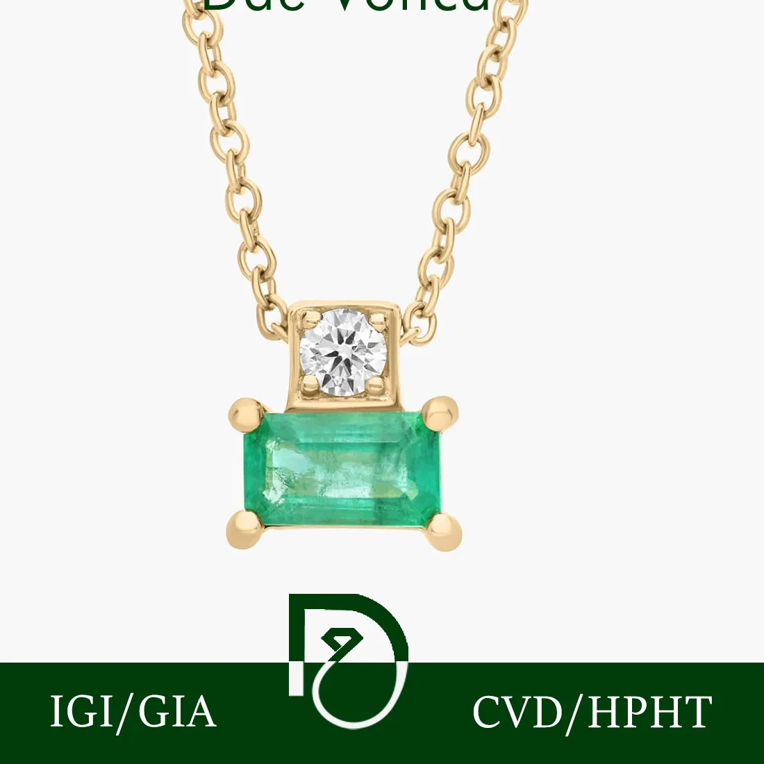 Authentic 14K Yellow Gold Emerald Necklace Lab Grown Emerald and Diamond Pendant Charm East West Set Gemstone Jewelry For Anniversary