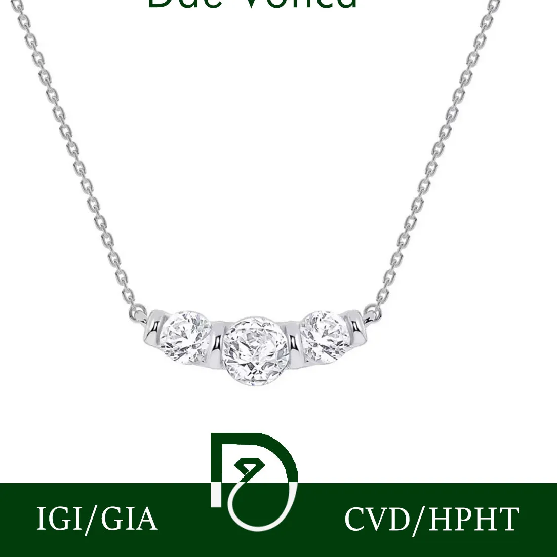 Authentic 14K White Gold Three Stone Diamond Necklace Bar Set Round Lab Grown Diamonds Necklace Charm IGI Certified Diamond Drop Pendant