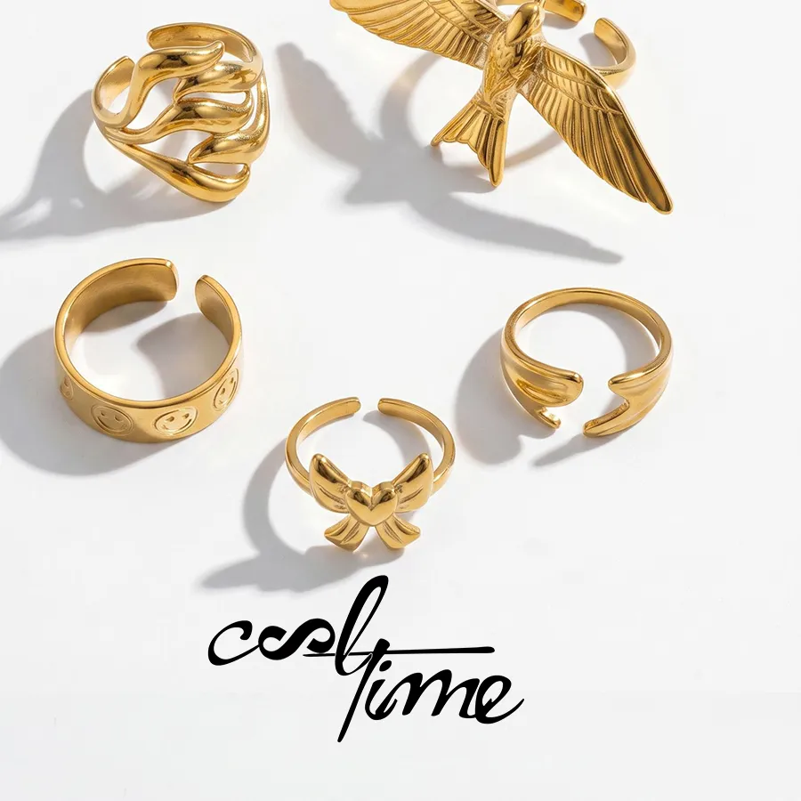 Authentic Cooltime Peace Dove Open Rings Gold Color Y2K Smiley Face Band Fluid Wave Bowknot Minimalist Jewelry