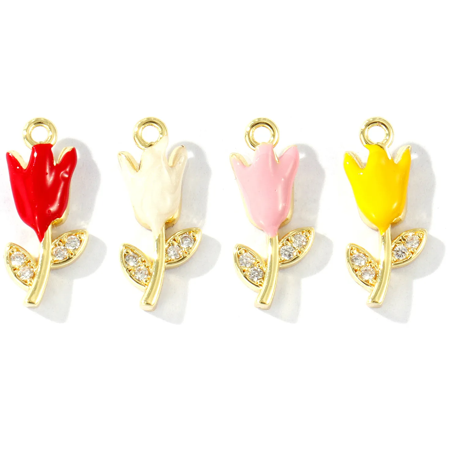 Authentic 2 Pcs Enamel Tulip Flower Charms Micro Pave Clear Cubic Zirconia 18K Gold Plated Pendants For DIY Necklace 13mm x 6mm