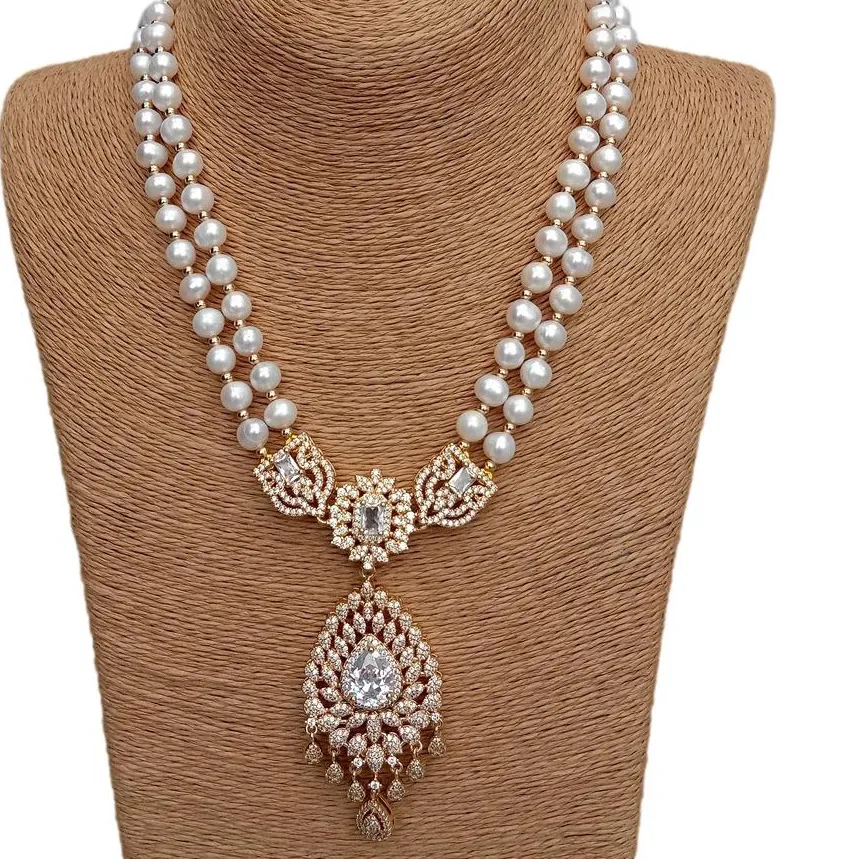 Authentic YYGEM  Cz Pave gold plated charm pendant 2 Strands 7-8mm Cultured White round Pearl Pendant Necklace Boho Collier Women Jewelry