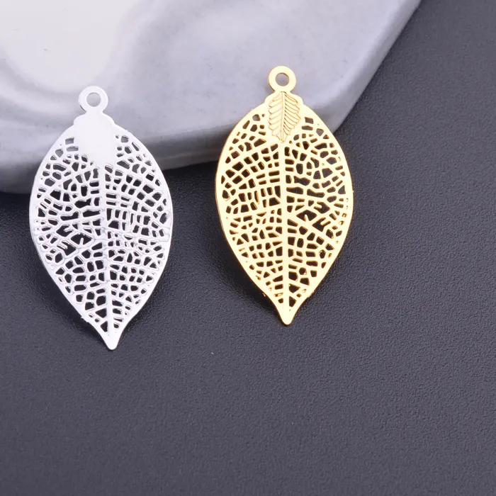 Authentic 12pcs 15*28mm filigree Rose Gold Color Plated Small Leaf Charms Silver Plated Leaves Pendant DIY Jewelry Making