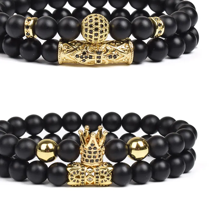 Authentic 8mm Charm Beads Bracelet For Men Women Black Matte Onyx Natural Stone 2 Pcs Crown King Bracelets Set Gold Color Cubic Zirconia