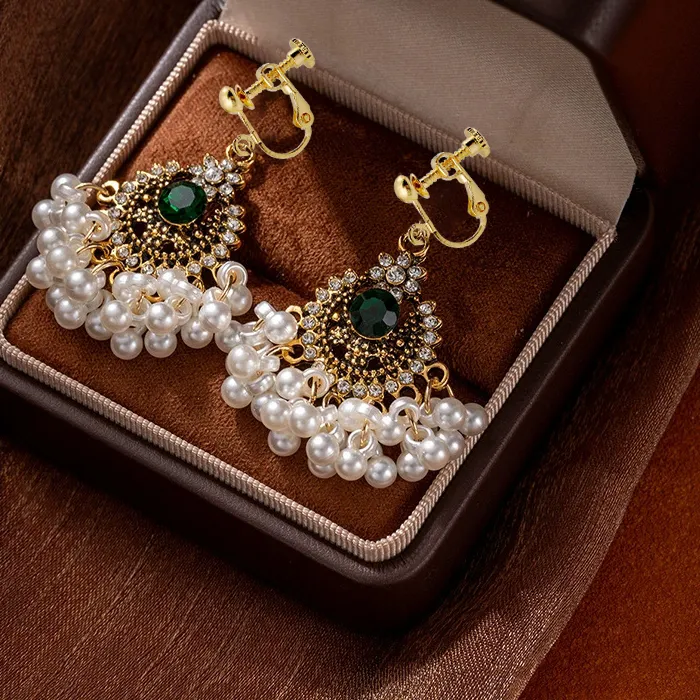 Authentic Vintage Bohemian Imitation Pearl Clip on Earrings for Women Fashion Exaggerate Ethnic Court Earrings Party Statement Jewelry
