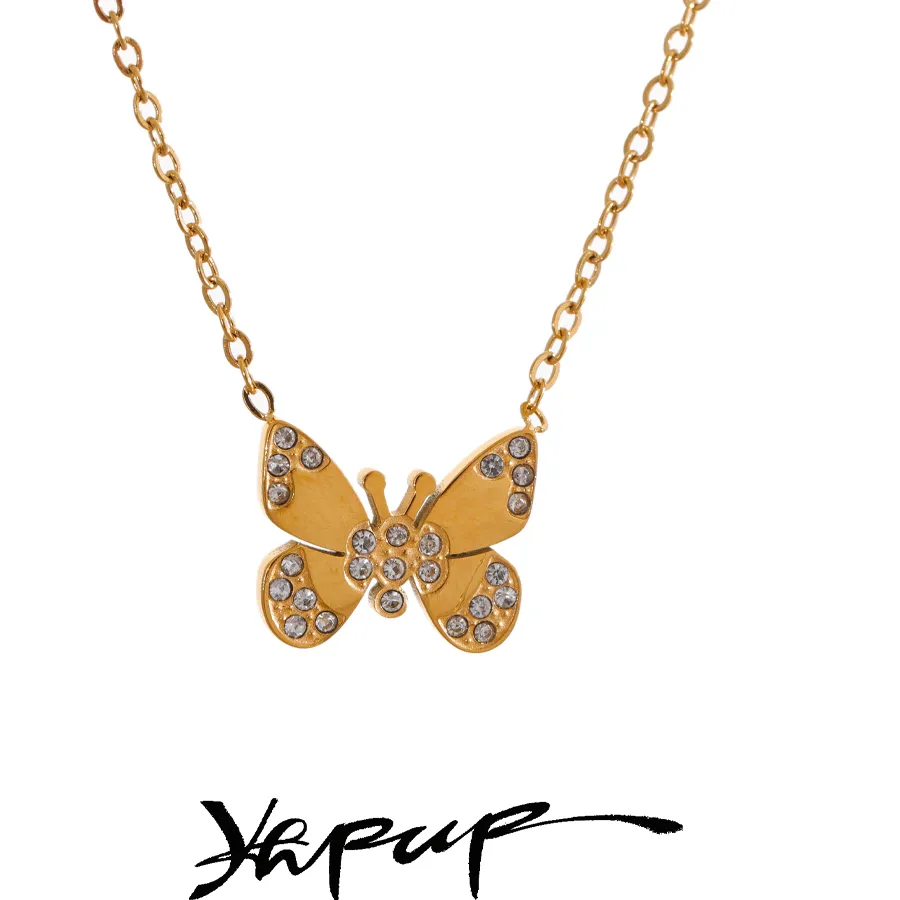 Authentic Yhpup Butterfly Chic Necklace Charm Pendant Waterproof Jewelry 18K Gold PVD Plated Inlaid Cubic ZIrconia Exquisite Jewelry Gift