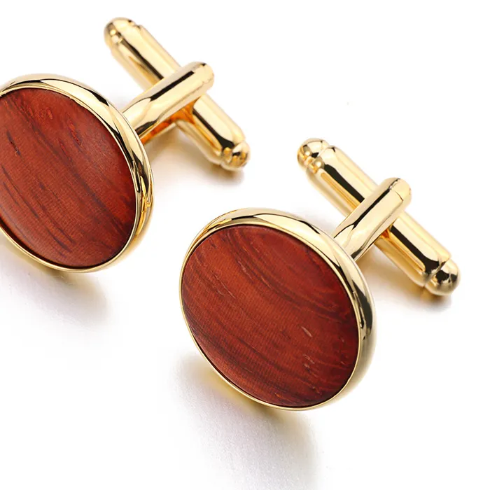 Authentic Lepton High Quality Round Wood Cufflinks tuxedo studs Sets Gold Color Plated  Mens cuff links Formal Business wedding Jewelry
