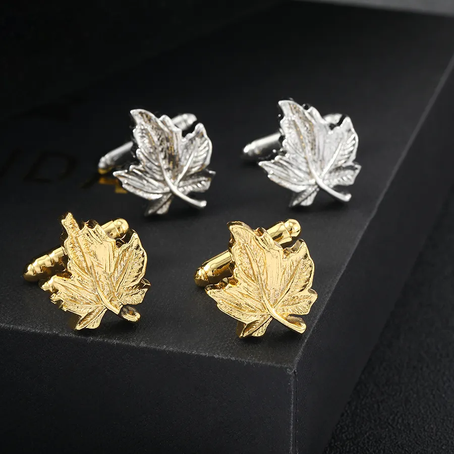 Authentic 2 Pcs Maple Leaf Cufflinks for Men Gold Silver Tone Cuff Links Shirt Tuxedo Punk Hippop Jewelry Accessories