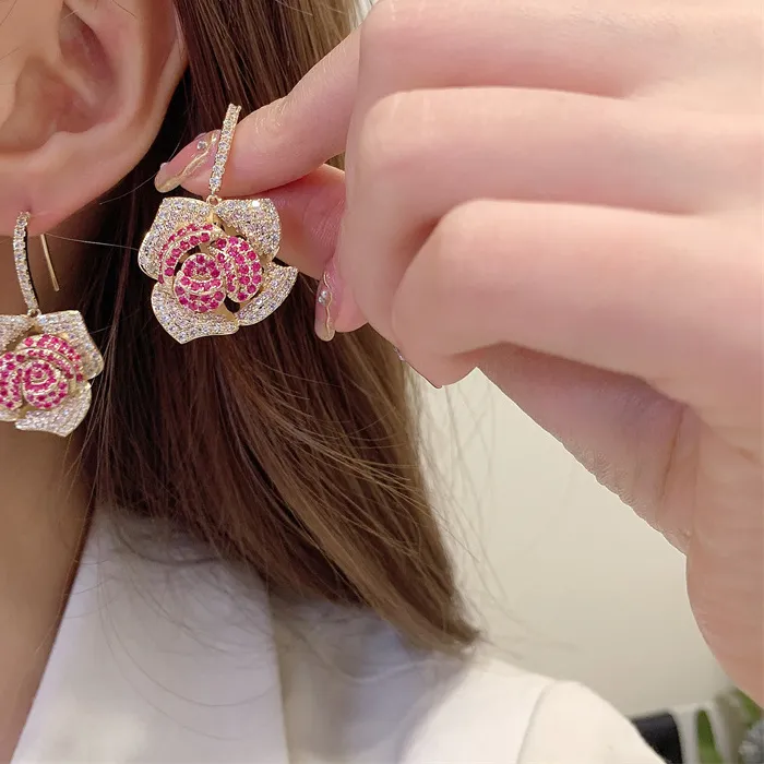 Authentic Rose Flower Charm Full Cubic Zirconia Sweet Earring Material 18 K Gold Plated Luxury Earring