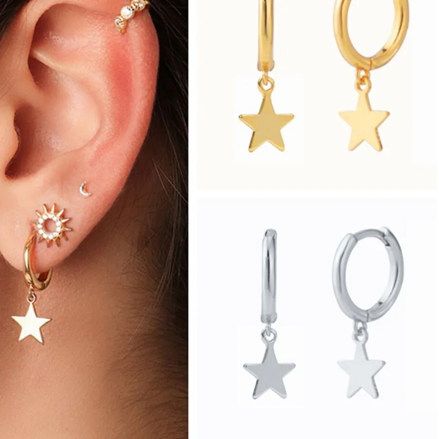 Authentic 925 Sterling Silver Ear Needle Simple Classic Gold  Silver Hoop Earrings Star Shaped Pendant Retro Earrings for Women Jewelry