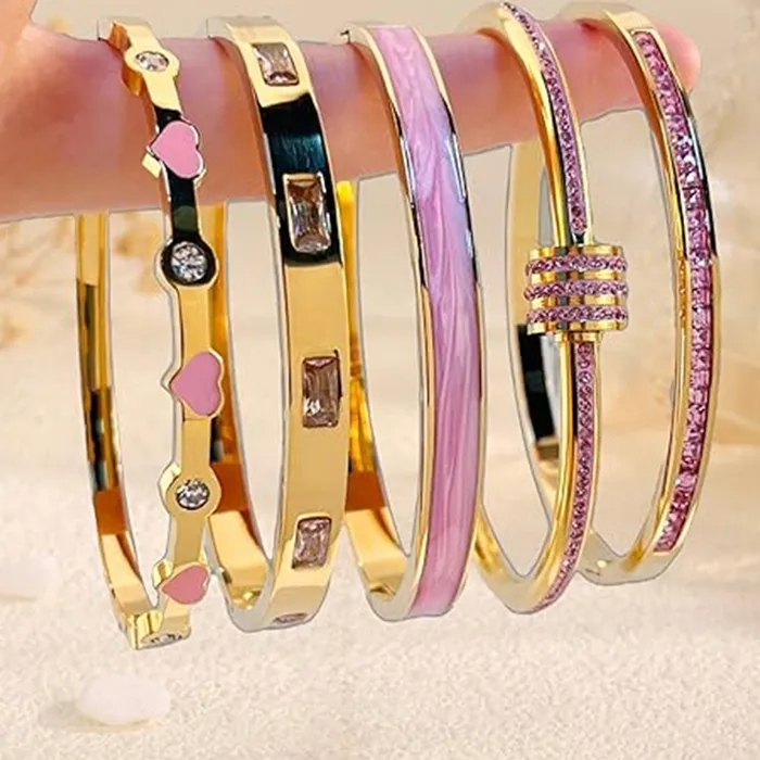 Authentic Heart of Love: 18K Gold Plated Pink Crystal Bangle