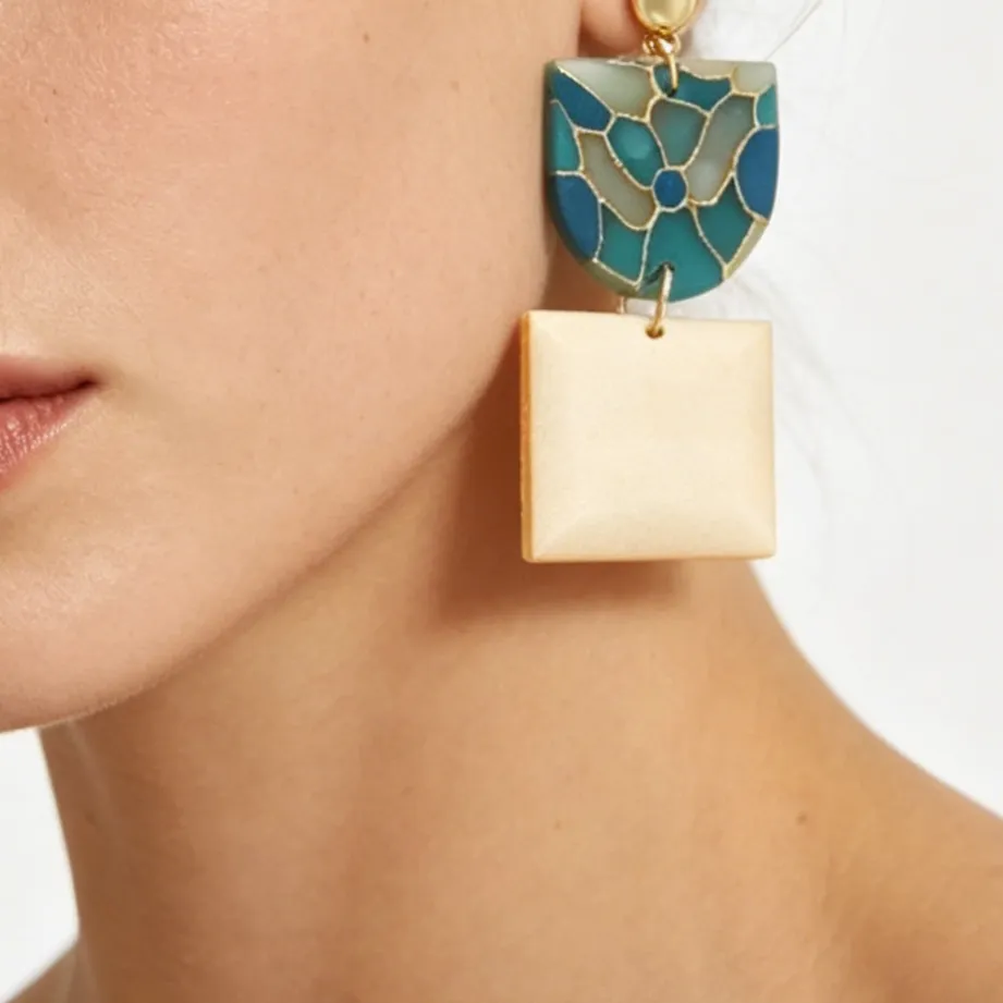 Authentic Turquoise Marble Polymer Clay Earrings With Gold Foil Geometric Square Design Wood Dangle Jewelry For Ladies Daily