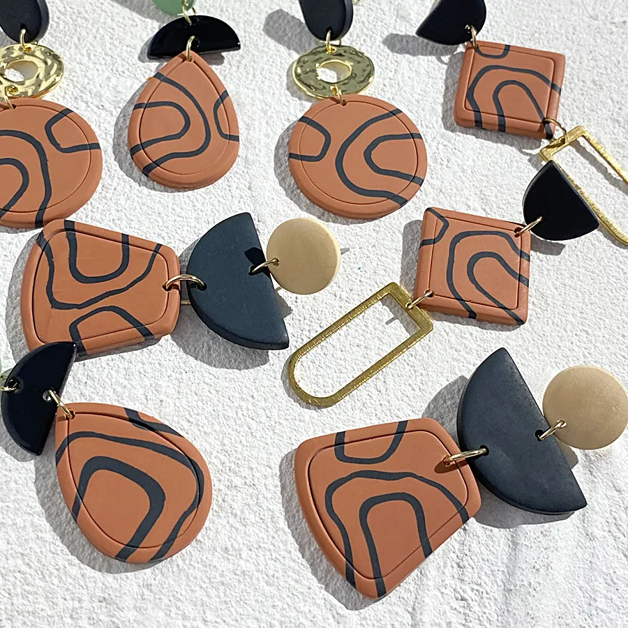 Authentic AENSOA Polymer Clay Women's Hoop Earrings Contrast Color Circle Original Design Handmade Vintage Ethnic Style Jewelry