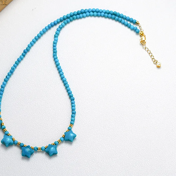 Authentic Necklace Natural Turquoise Round Beads Pentagram Clavicle Chain