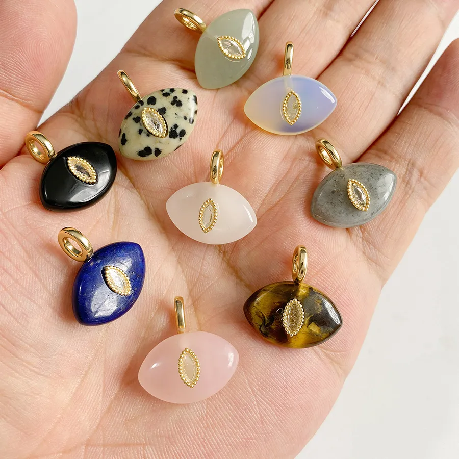 Authentic 1PC 13*20mm Evil Eye Natural Stone Pendant Single Sale Inlaid Marquise Zircon Gold Plated Gem stone Charms For DIY Jewelry