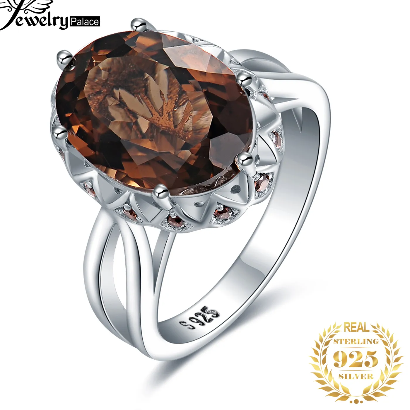 Authentic Jewelrypalace Large 5.7Ct Genuine Oval Smoky Quartz 925 Sterling Silver Big Gemstone Cocktail Statement Rings Jewelry