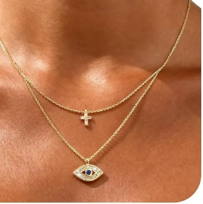 Authentic Women's Evil Eye Cross Necklace 14K Gold Plated Tiny Evil Eye Choker Necklaces Cubic Zirconia Non Tarnish Coss Pendant Jewelry