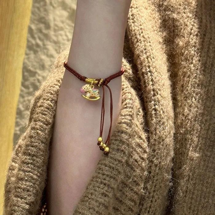 Authentic Drip Glaze Sand Gold Trojan Woven Bracelet 2026 Year of the Horse Red String Cute Pendant Hand Jewelry for Women Gifts