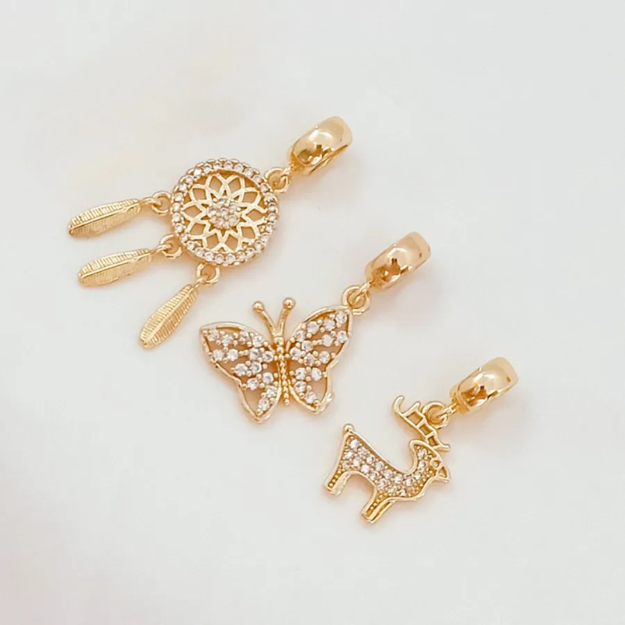 Authentic 14K Gold-plated Micro-inlaid Zircon Butterfly Bear Christmas Deer Dreamcatcher Pendant DIY Red String Pendant