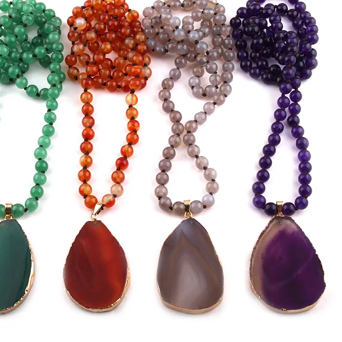 Authentic Bohemian Tribal Jewelry 8Mm Stones Long Knotted Stone Agat Drop Pendant Necklaces Sweater Chain
