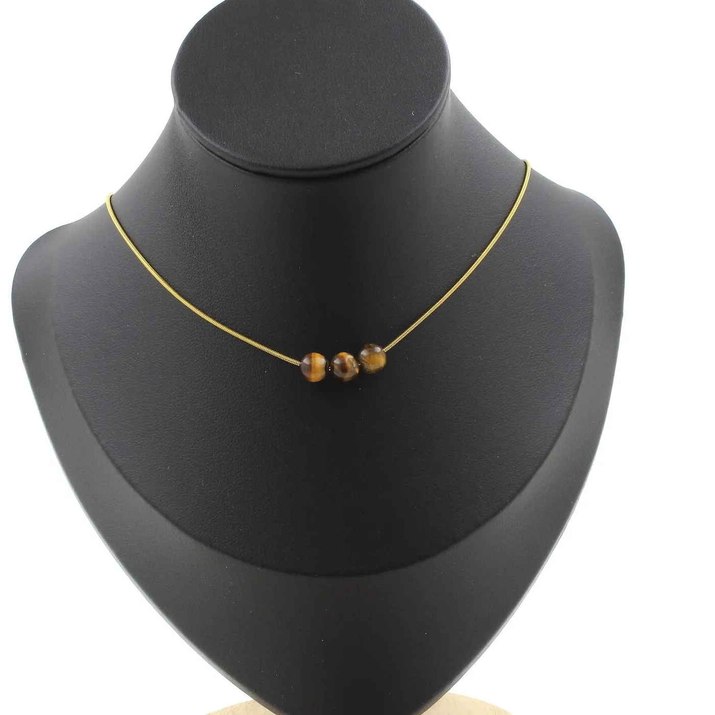 Stones And Minerals. Necklace 3 Tiger Eye Beads 6 Mm. Gold Plated Chain