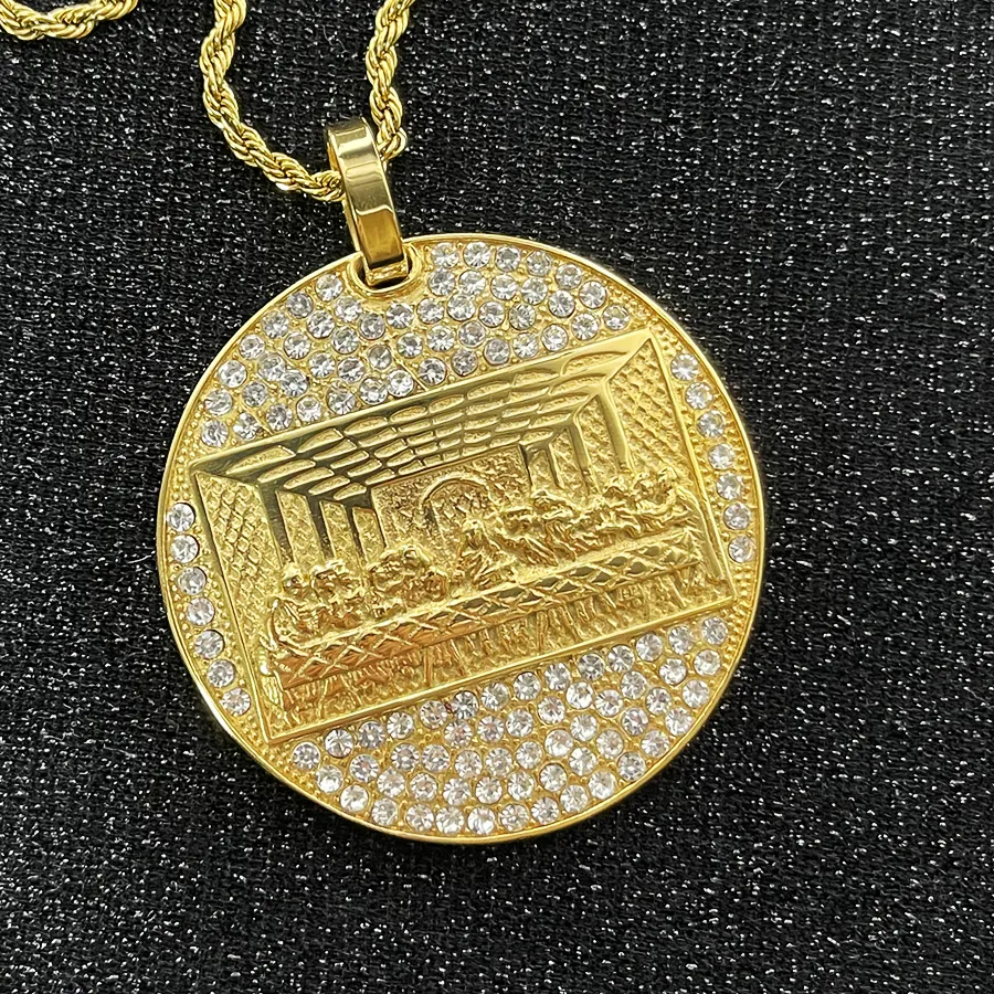 Authentic Last Supper Pendant Big Jesus Bling rhinestone Gold Color Charm Necklace Fashion For Men Father's Day Gift Hip Hop Jewelry