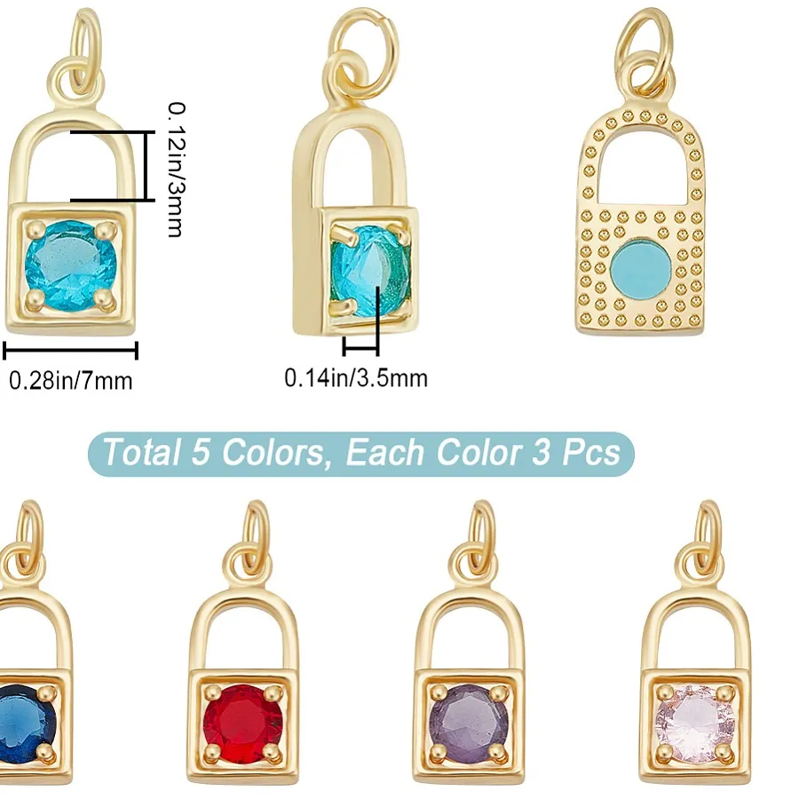 Authentic 15Pcs 5 Colors Real 18K Gold Plated Brass Micro Pave Cubic Zirconia Charms with Jump Ring Long-Lasting Plated Lock Mixed Color