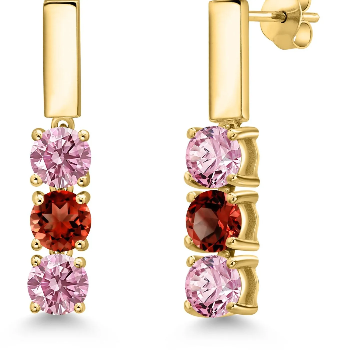 1.55 Ct Pink Lab Grown Diamond Red Garnet 18K Yellow Gold Plated Silver Earrings