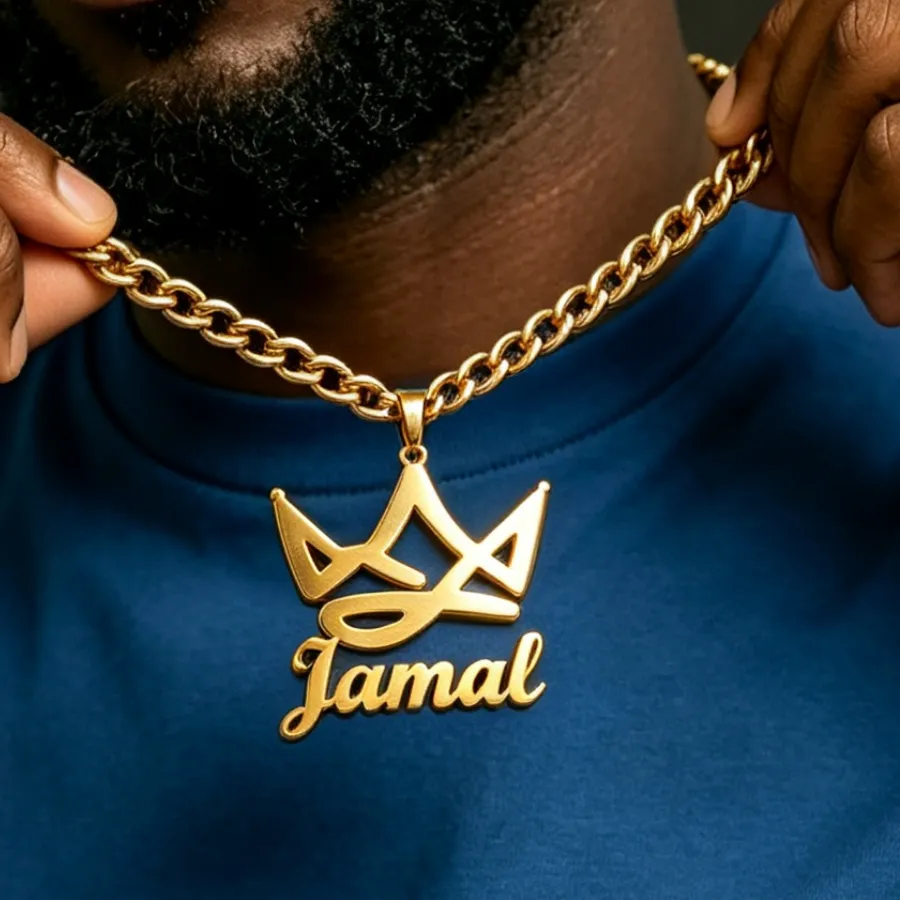 Authentic Personalized Custom Crown Nameplate Cuban Link Chain Necklace, Big Pendant Hip Hop Jewelry