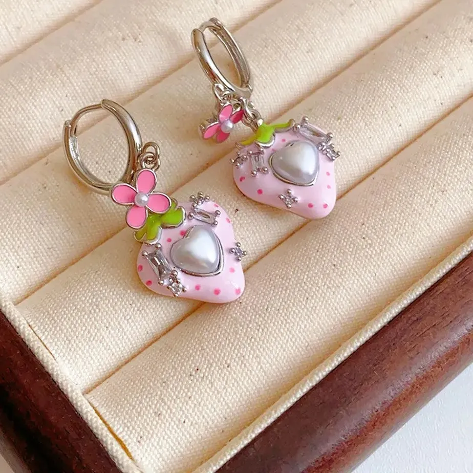 Authentic Sweet Strawberry Heart Shape Dangle Hoop Stud Earrings Imitation Pearl Zircon Decor Jewelry Summer