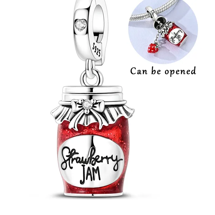 Authentic Pendant 925 Sterling Silver Fit Original Bracelet Necklace Diy Canned Strawberry Jam Openable Jewelry For Woman