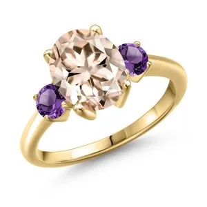 Ring Of The Aurora Dawn- Peach Morganite And Amethyst Gold- Plated Talisman