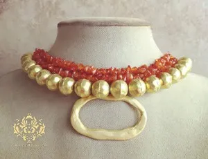 Authentic The Sunfire Crucible 22K Matte Gold Hammered African Statement Talisman With Carnelian