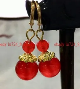 Beautiful Natural 6- 12Mm Red Jade Round Gemstone Dangle Gold Plated Earrings